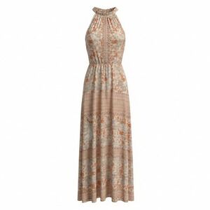 Taylor Women Maxi Dress 2 Peach Floral Metallic Boho Tiered Cottagecore Romantic